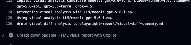 GitHub Actions log showing a visual analysis model being selected and a markdown report being written
